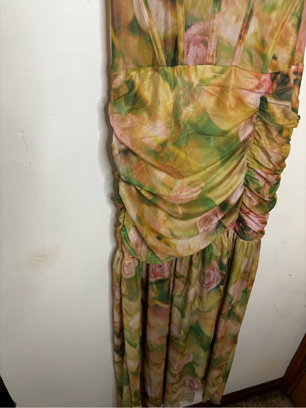 NWT Floral Fairycore Green Pink Mesh Ruched Maxi Dress - Picture 8 of 12